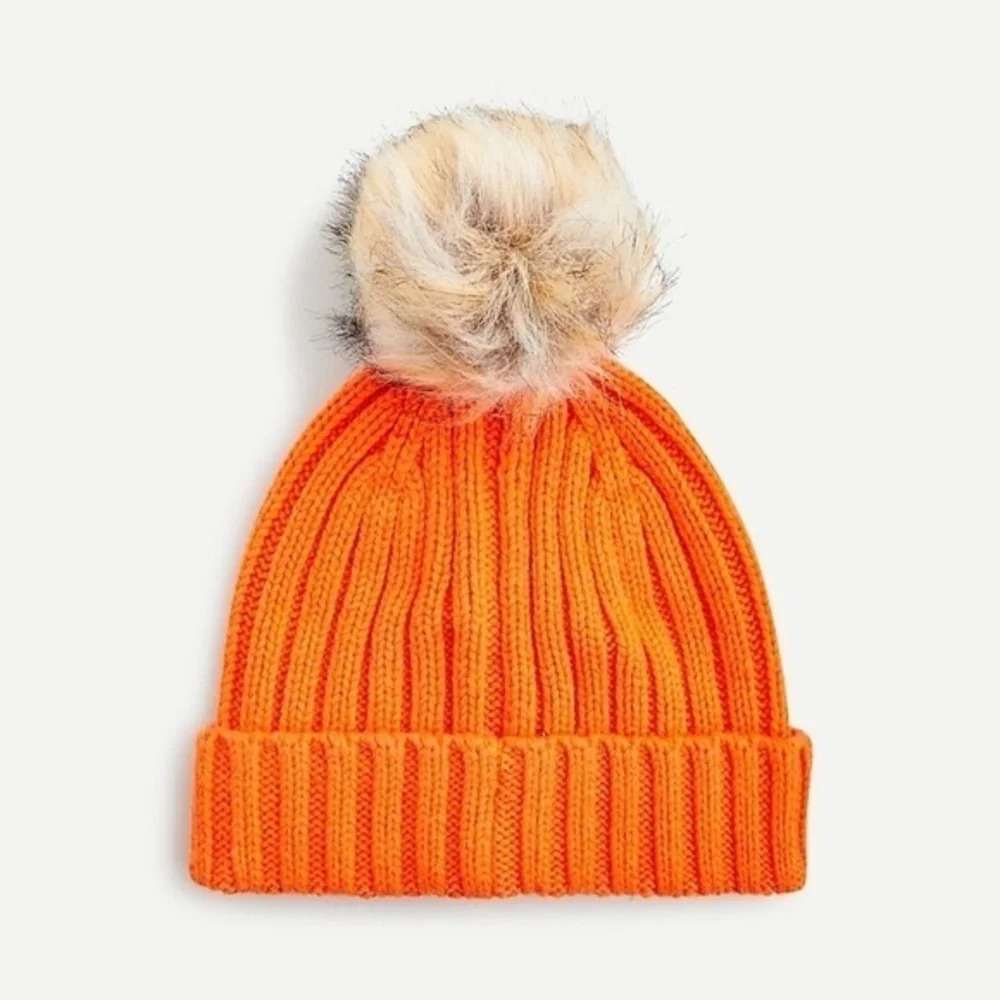 J crew ribbed beanie with faux fur pom pom